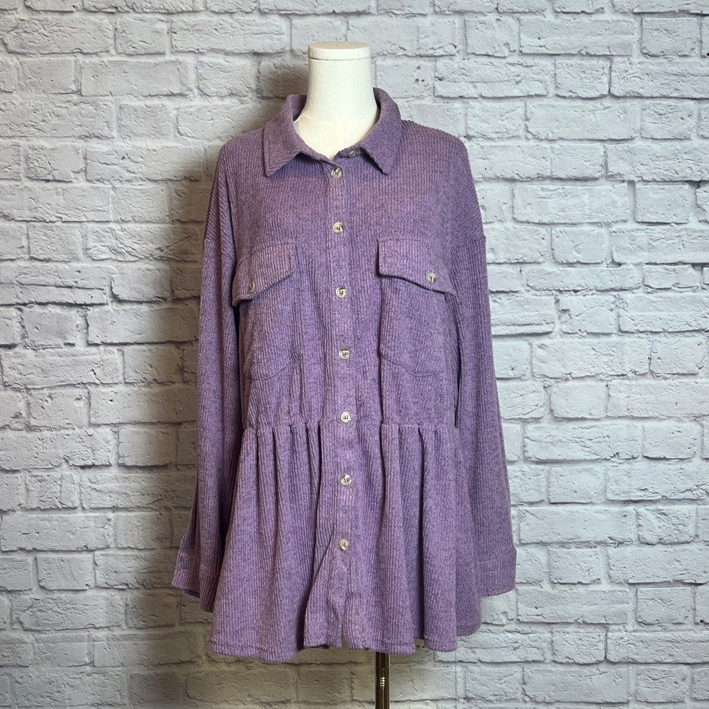 Andrée by Unit Purple Textured Button Front Peplum Hem Tunic Top 1X NWT